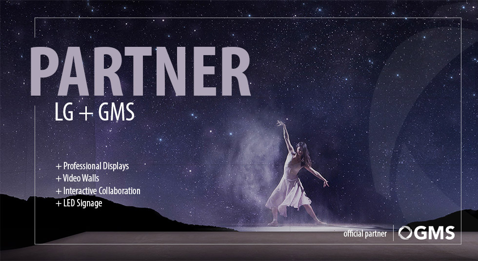 GMS ist nun offizieller Partner von LG - Im Bild sehen Sie ausserdem die Professionelle Video Wall von LG.
